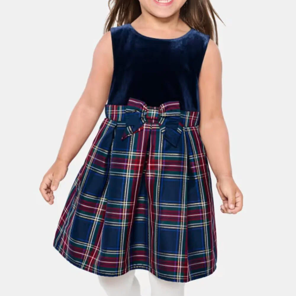 Childrens Place Girls Navy Velour Red Plaid Front Bow Fit And Flare Dress 2T NEW